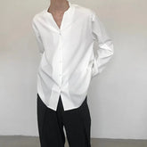 Hearujoy 2024 Spring Clothing Men's Casual Collarless Texture Solid Color Shirts Korean Vintage Buttons Long Sleeve Luxury Irregural